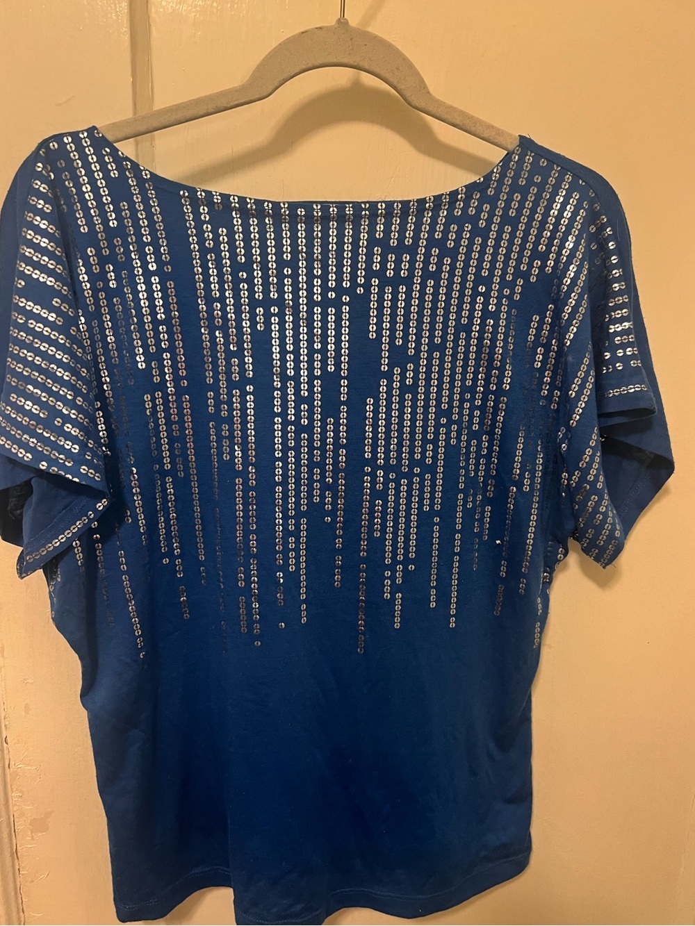 Vintage Suzie Royal Blue Sequin Print Short Sleeve Batwing style Tee